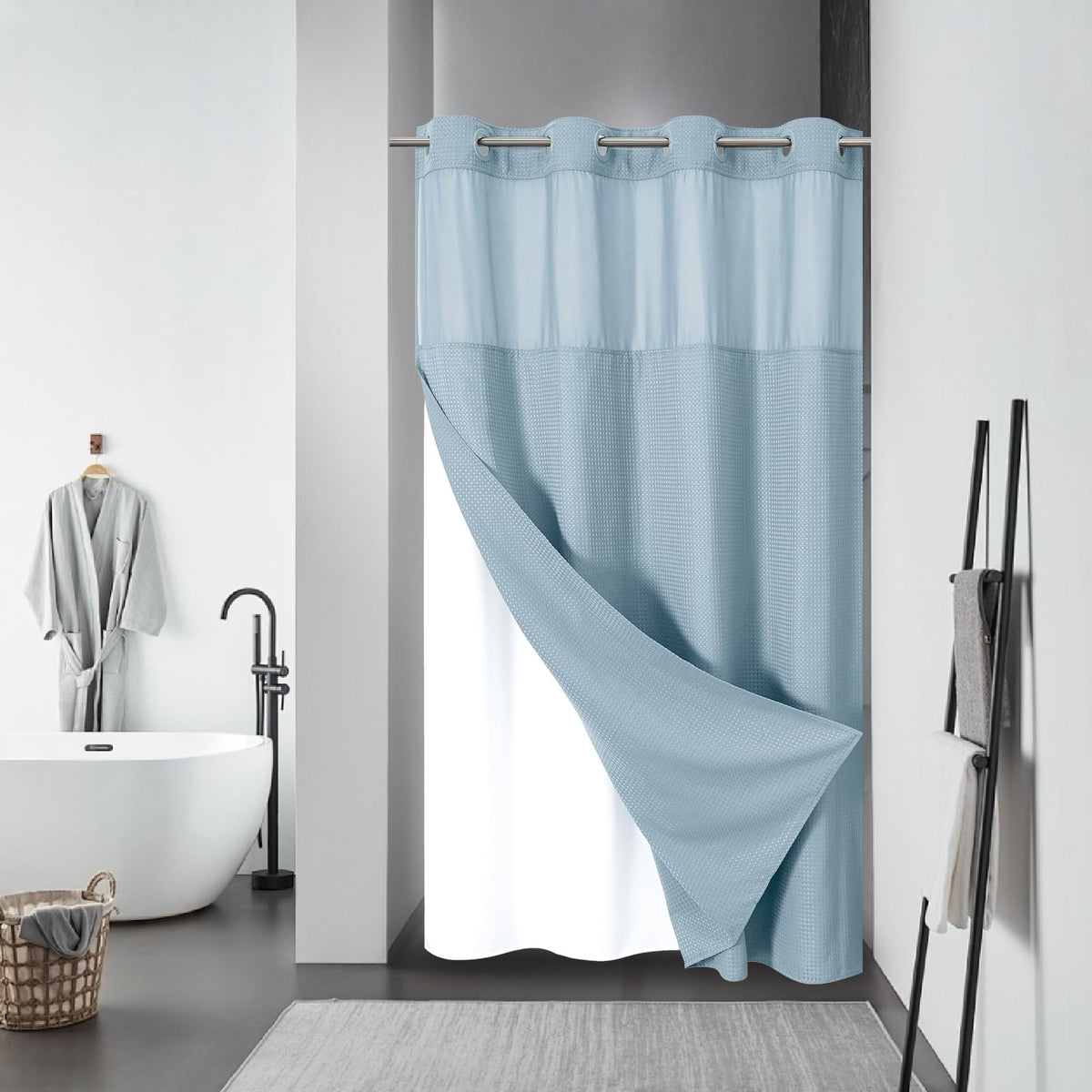 No Hook Extra Long Waffle Shower Curtain with Snap-in Liner,71x98,SageGreen
