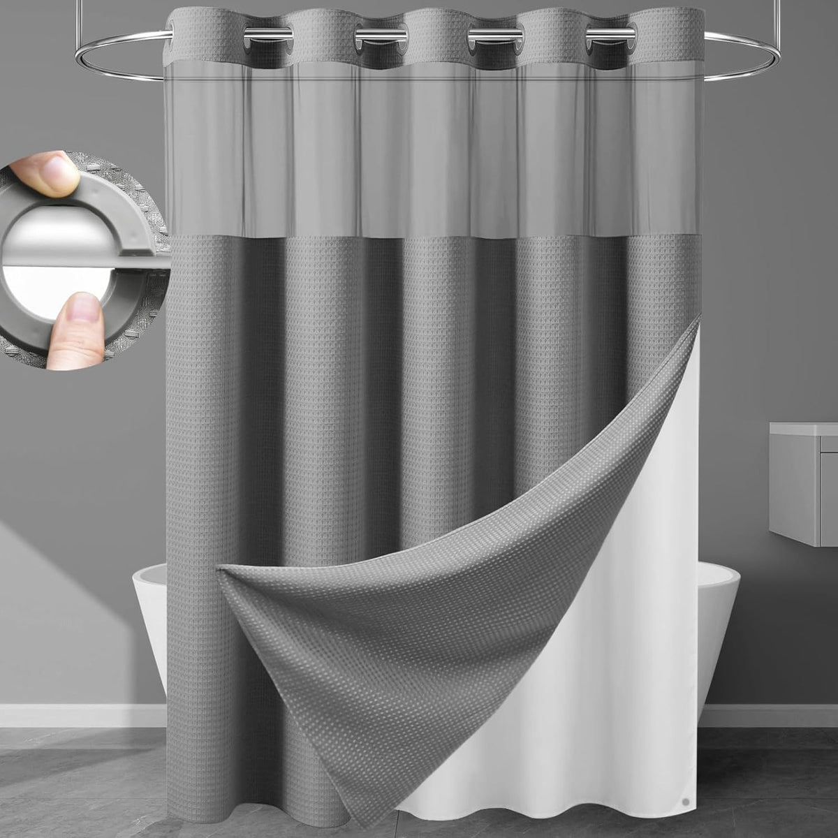 256GSM Heavyweight Ringless Waffle Shower Curtain with Liner, 71x74, Grey