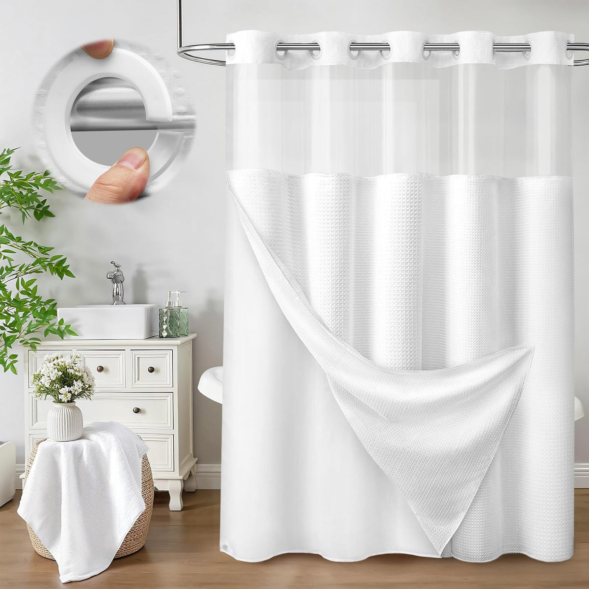 No Hook Shower Curtain with Liner Set Hotel Waffle Curtain Black 72W X 75L