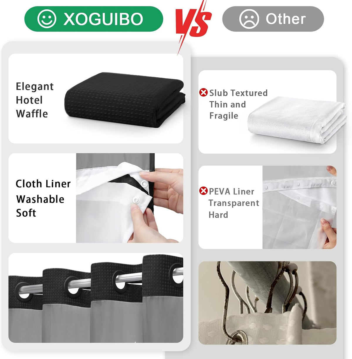 No Hook Shower Curtain with Liner Set Hotel Waffle Curtain Black 72W X 75L