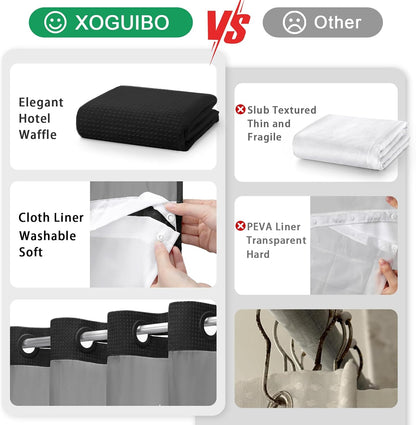 No Hook Shower Curtain with Liner Set Hotel Waffle Curtain Black 72W X 75L