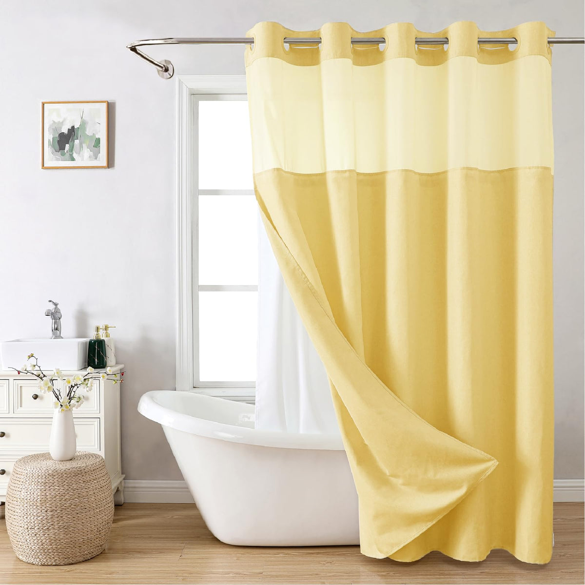 Eachope No Hooks Polyester Textured Shower Curtain with Snap-in Fabric Liner Set, Hotel Luxury Decor Shower Curtains for Bathroom with See Through Top Window, Waterproof & Washable, 71Wx74H, Cream