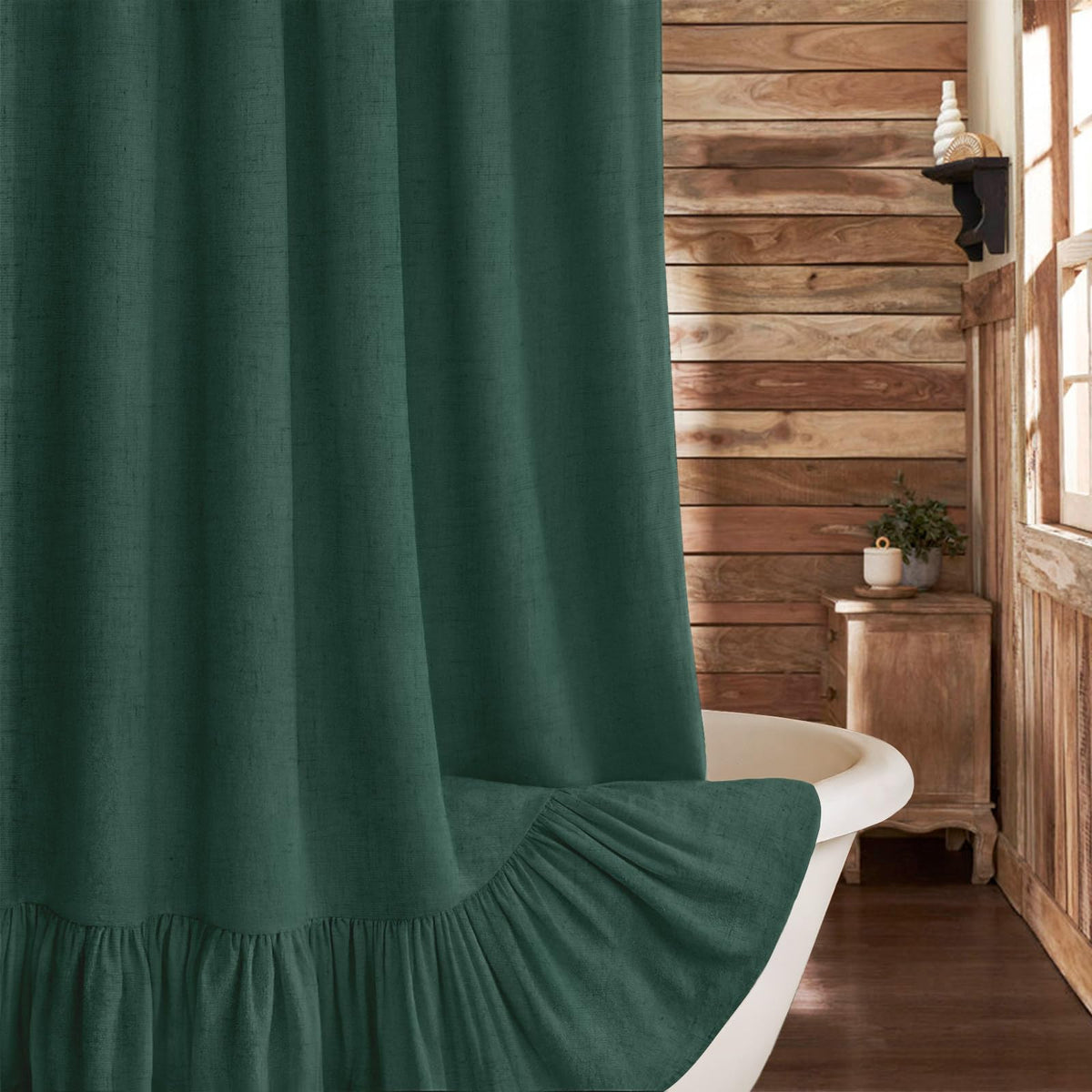Farmhouse Shower Curtain Ruffle Linen Cream-Green Stripe 72"W x 72"L