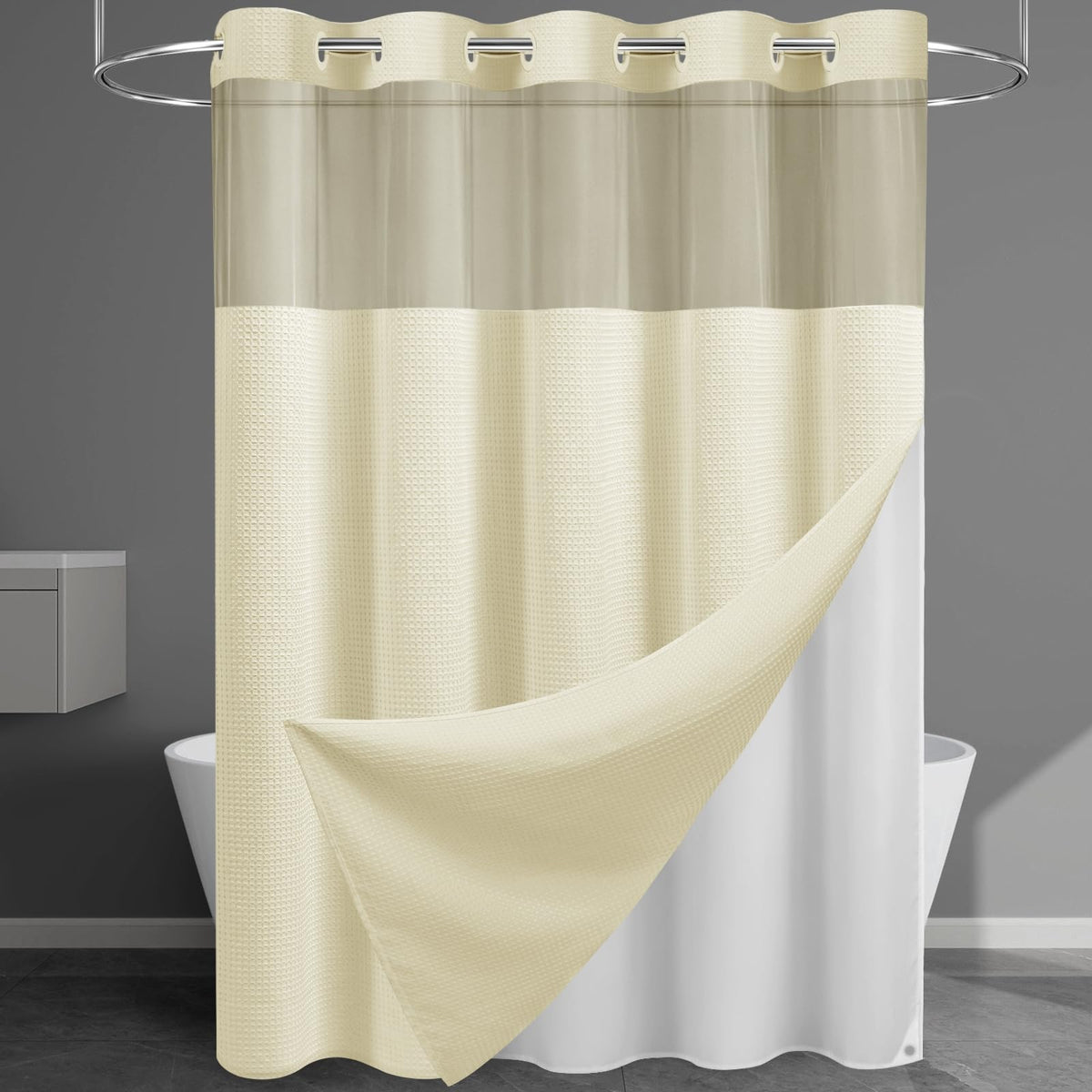 256GSM Heavyweight Ringless Waffle Shower Curtain with Liner, 71x74, Grey