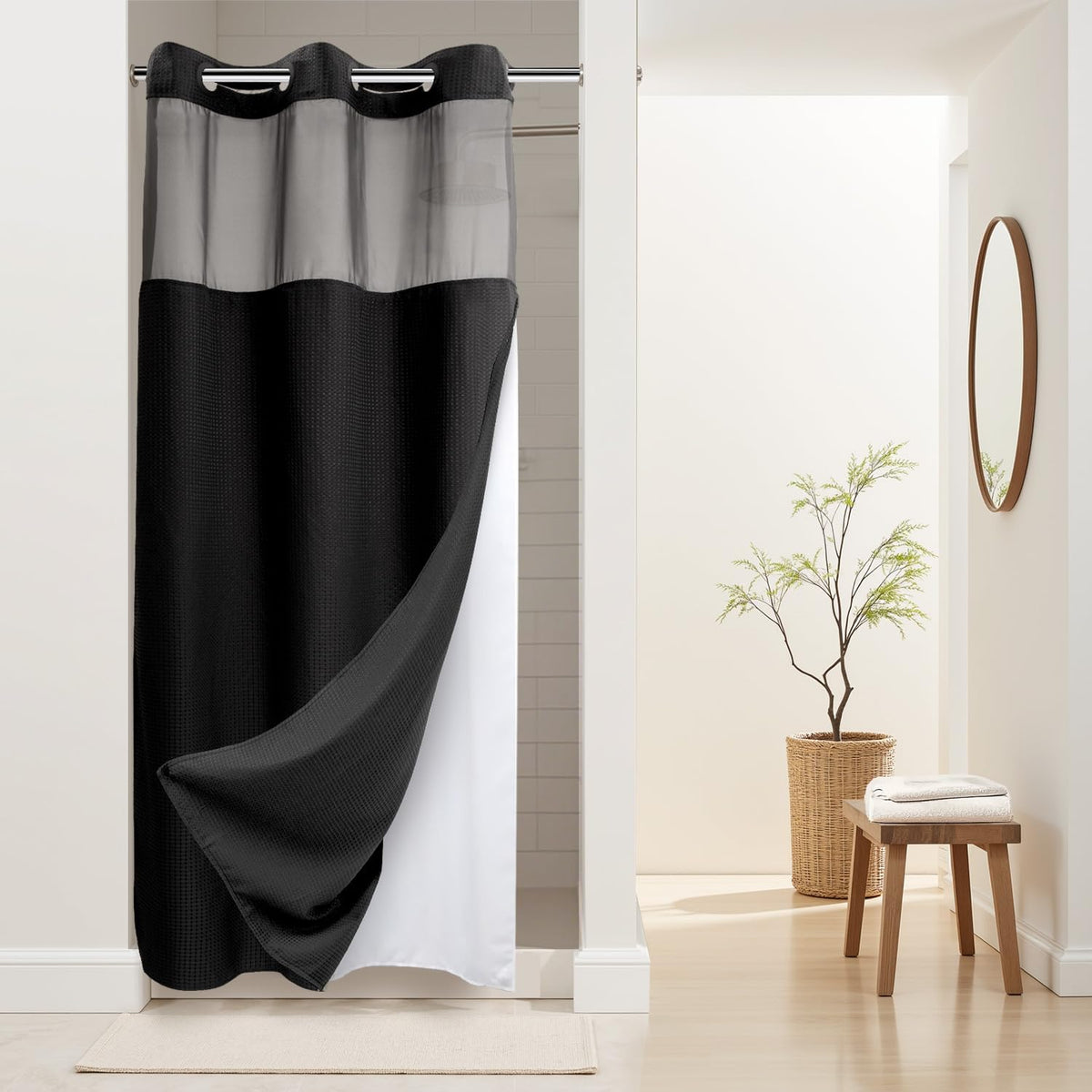 River Dream Waffle No Hook Shower Curtain with Liner,Navy Blue,71x74