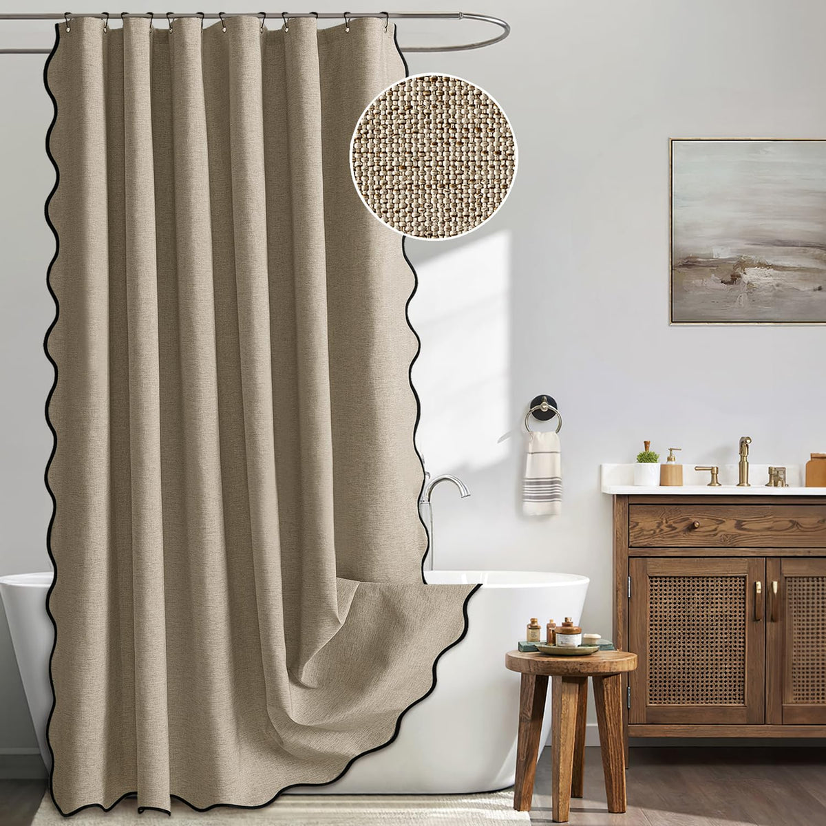 MIULEE 72"x84" Extra Long Scalloped Linen Shower Curtain Cream Beige