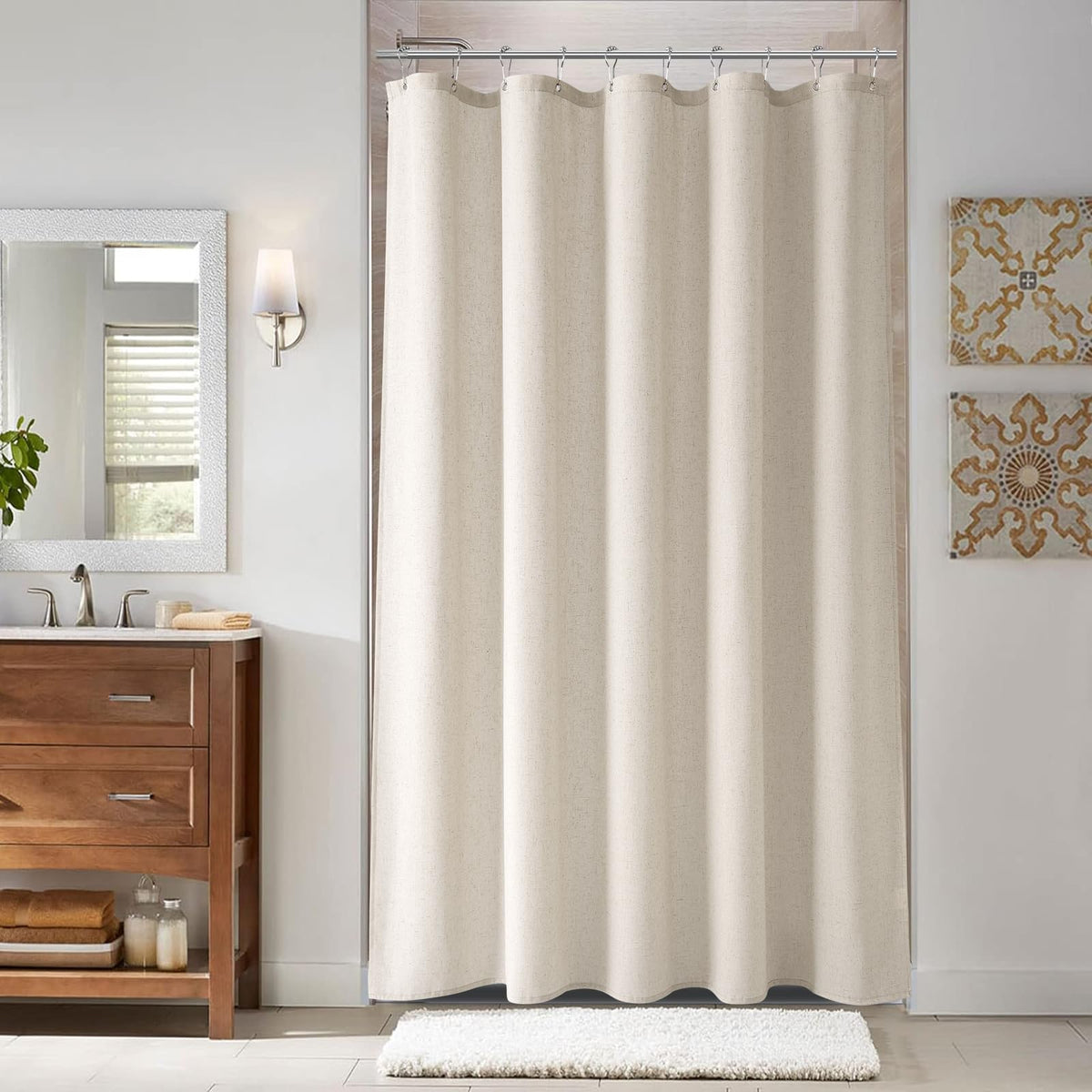 Naturoom Linen Shower Curtain 72 Inch Long for Bathroom Beige 1 Panel