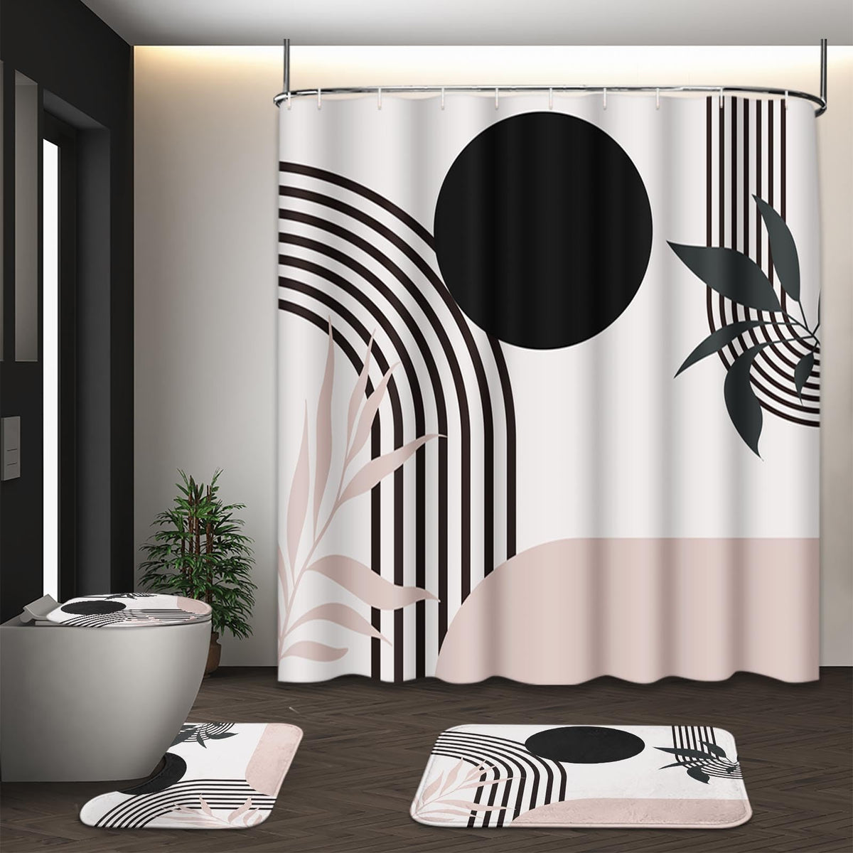 Bathroom Sets with Shower Curtain and Rugs, Set of 4 Geometric Boho