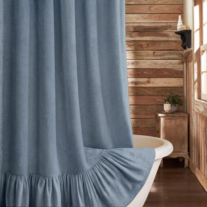 Farmhouse Shower Curtain Ruffle Linen Cream-Green Stripe 72"W x 72"L