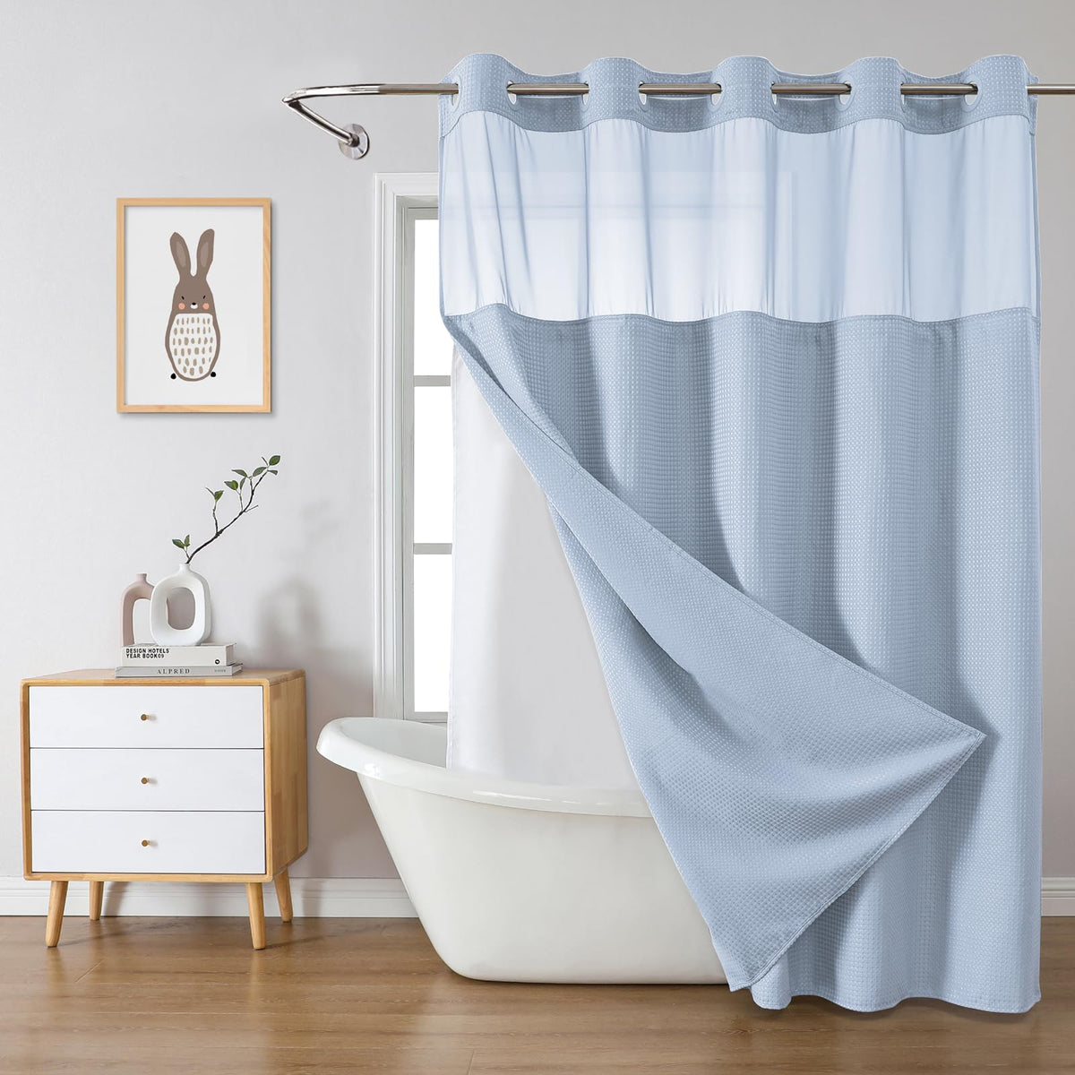 No Hook Extra Long Waffle Shower Curtain with Snap-in Liner,71x98,SageGreen