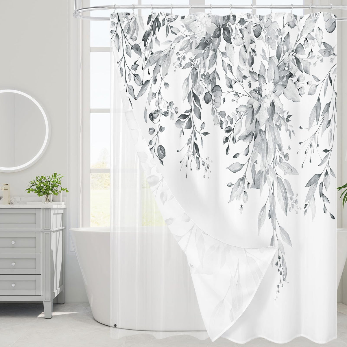 Gibelle 3 in 1 Shower Curtain Set, Grey Eucalyptus Curtain 72x72