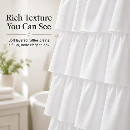White Ruffle Shower Curtain for Bathroom,72 x 72 Inches, Farmhouse Style