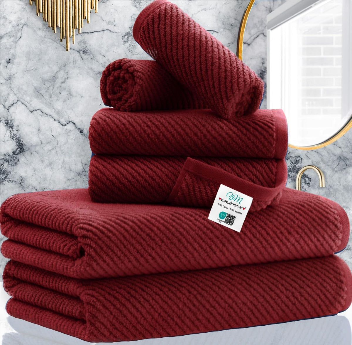 VOOVA & MOVAS 6PC Towel Set, 100% Cotton, Aqua Teal