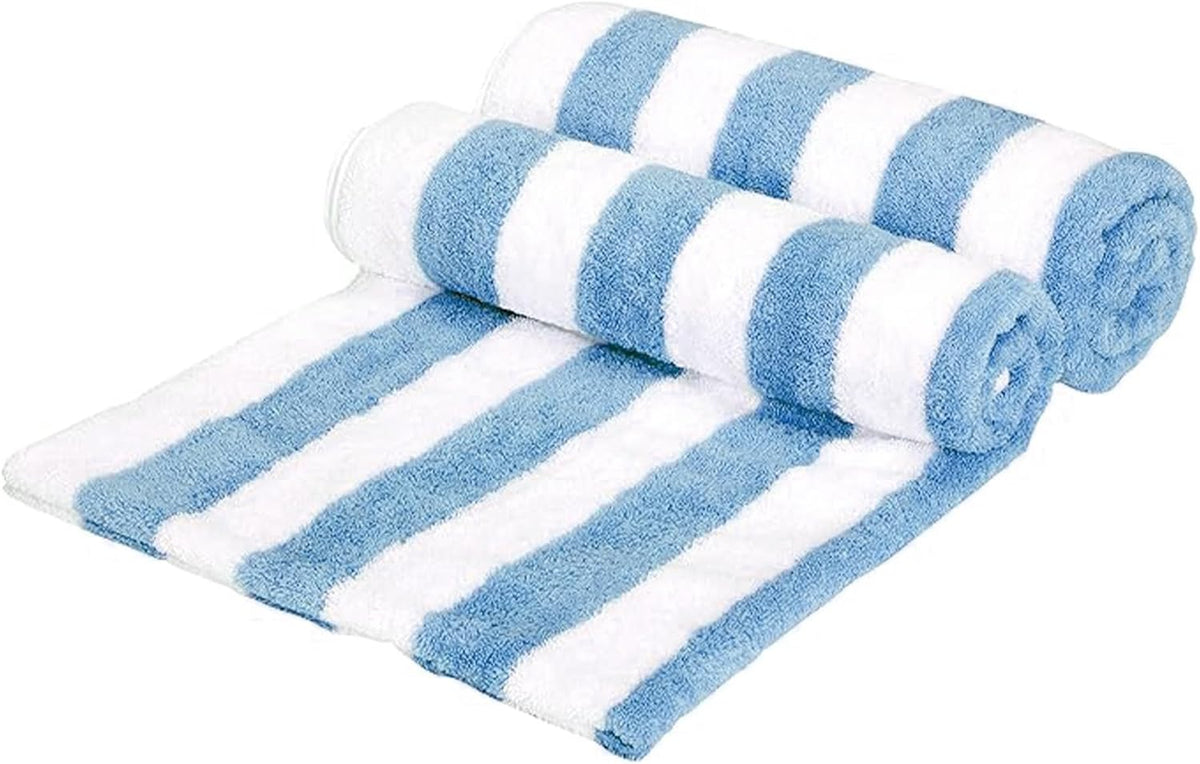 Amazon Basics Soft & Absorbent Beach Towels, 100% Cotton, Cabana Stripe, Machine Washable, Quick Dry, Large 30" x 60", Sky Blue, 2-Pack