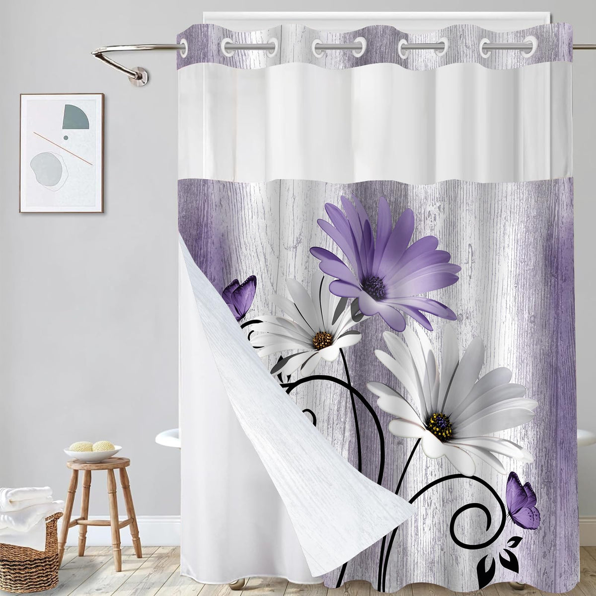 Hookless Shower Curtain with Snap in Liner, Blue Colorful Floral, 72W x 75L