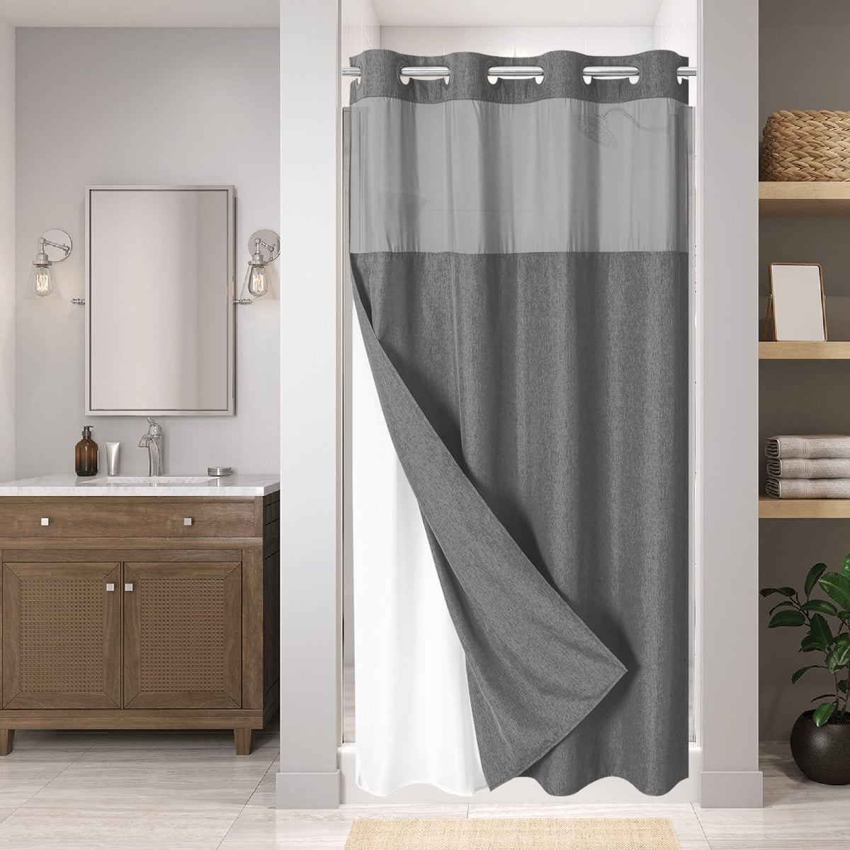 Eachope No Hooks Polyester Textured Shower Curtain with Snap-in Fabric Liner Set, Hotel Luxury Decor Shower Curtains for Bathroom with See Through Top Window, Waterproof & Washable, 71Wx74H, Cream