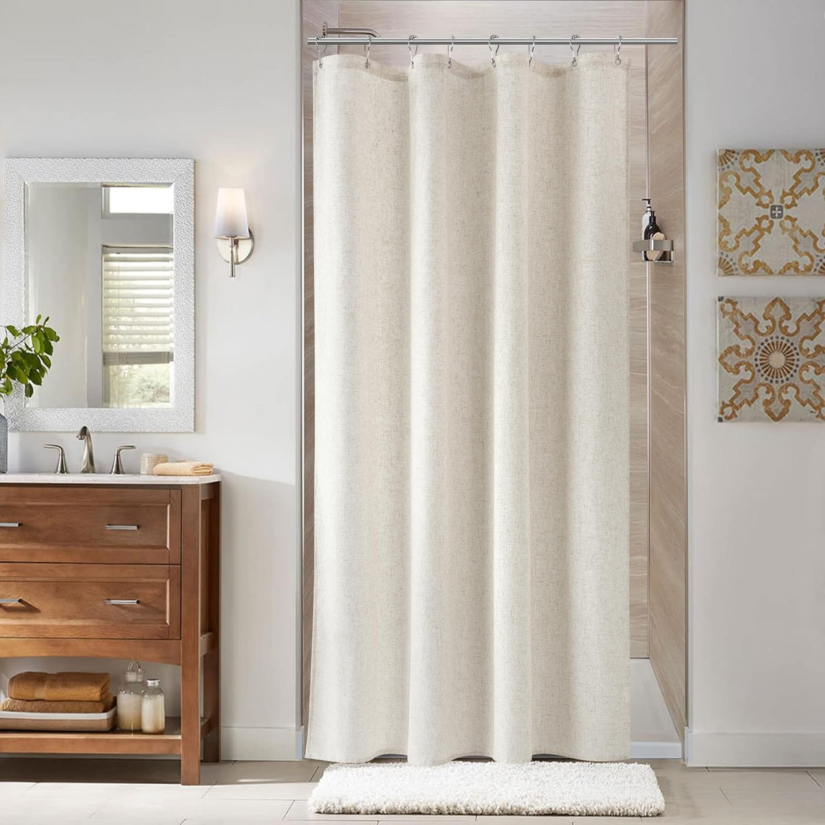 Naturoom Linen Shower Curtain 72 Inch Long for Bathroom Beige 1 Panel