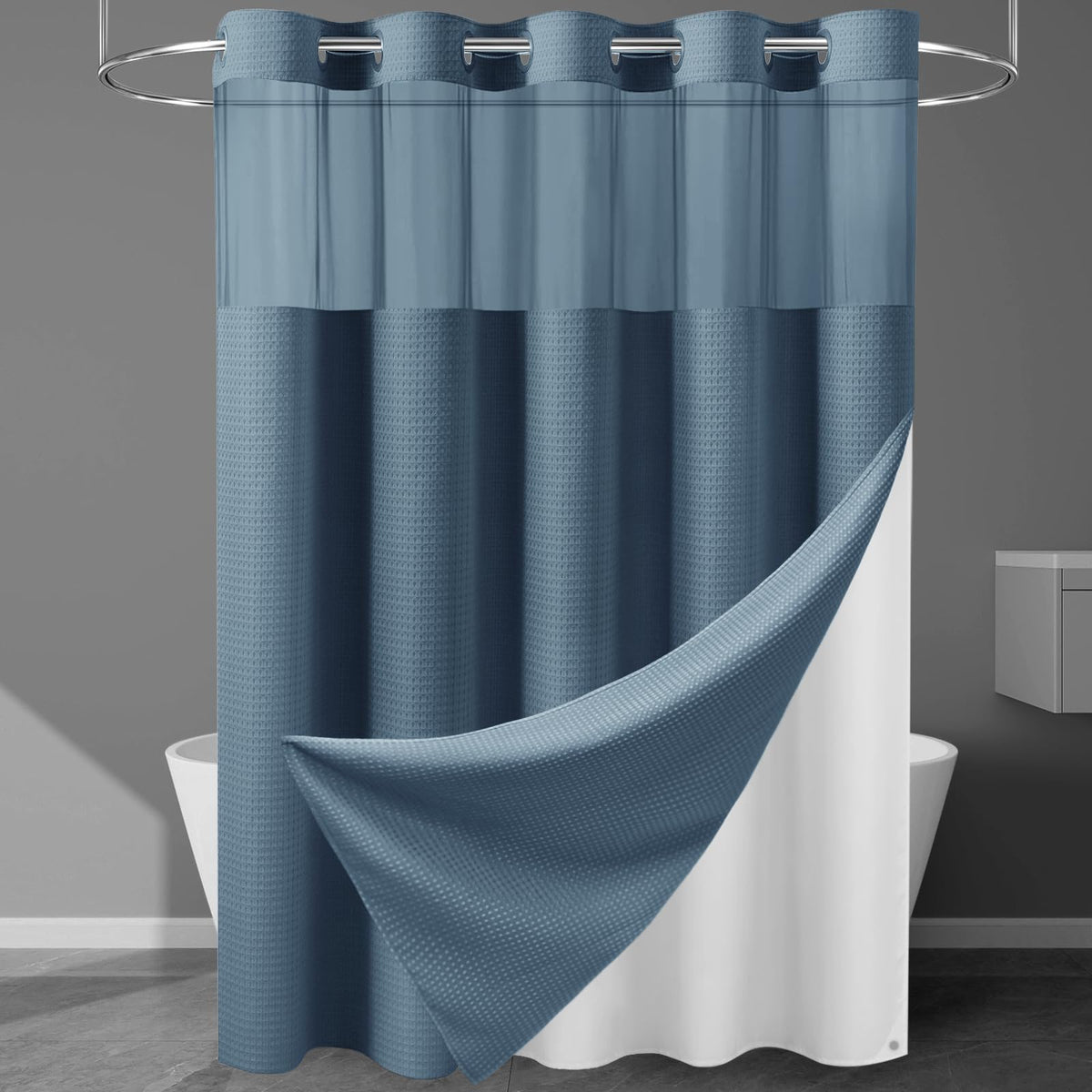 256GSM Heavyweight Ringless Waffle Shower Curtain with Liner, 71x74, Grey