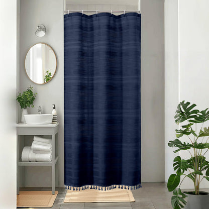 OVZME Natural Linen Shower Curtain for Bathroom, Boho Farmhouse Rustic Striped Shower Curtain with Tassel, Textured Heavy Duty Vintage Country Bathroom Curtain, 72Wx72L Inches