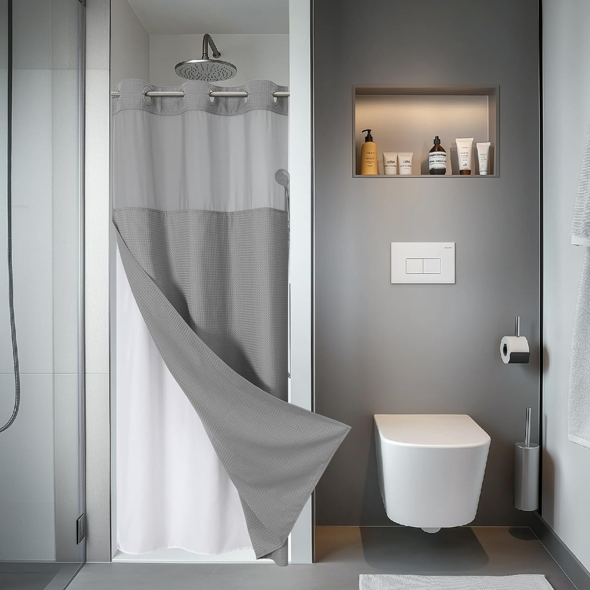 eachope No Hook Waffle Shower Curtain with Snap-in Liner, 71x74 Inch, Grey