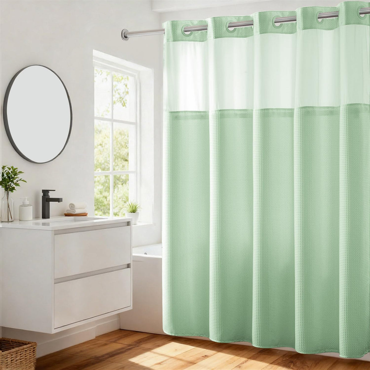 River Dream Waffle No Hook Shower Curtain with Liner,Navy Blue,71x74