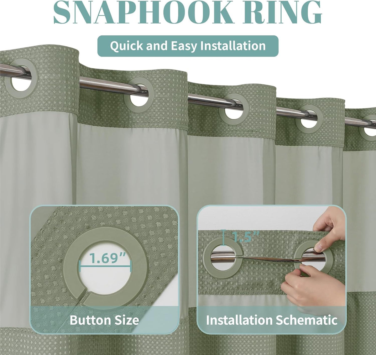 No Hook Extra Long Waffle Shower Curtain with Snap-in Liner,71x98,SageGreen