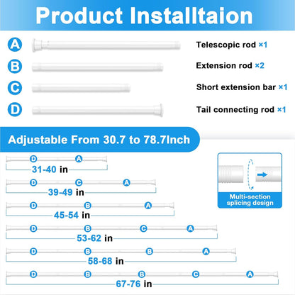 Shower Curtain Rod 2 Pack White 31-76 Inch Adjustable Tension Rod Spring Tension Curtain Rod No Drilling Shower Rod Bathroom Anti-Slip Rustproof Easy Install