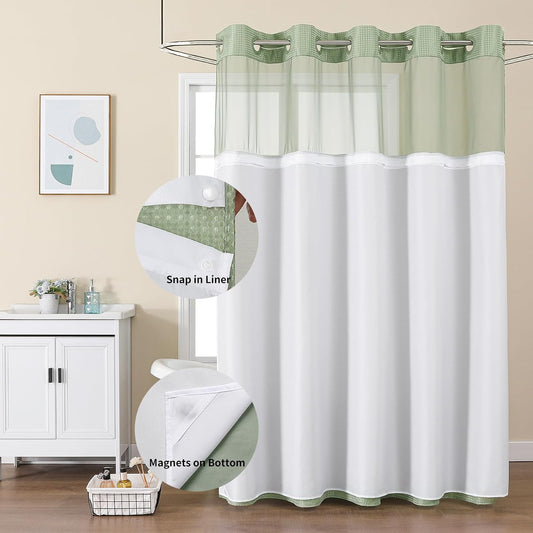 Colorful Star Sage Green No Hook Waffle Shower Curtain Set, 72 x 75 Inch