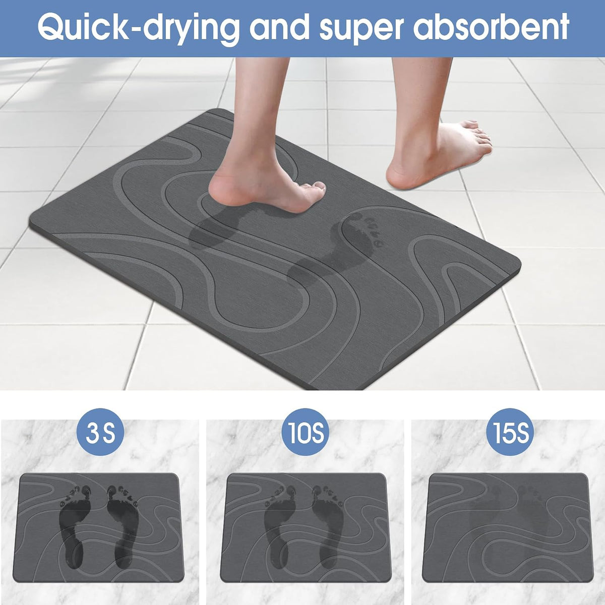 VEELOIM Stone Bath Mat, Diatomaceous Earth Bath Mat, Shower Mat Grey