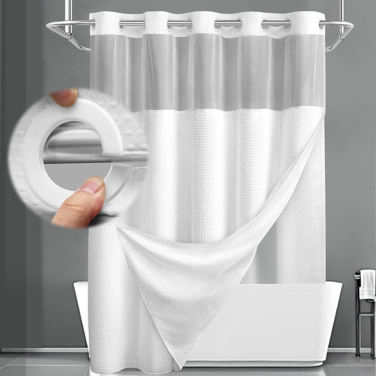 No Hook Shower Curtain with Liner Set Hotel Waffle Curtain Black 72W X 75L