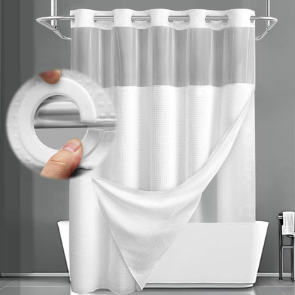 No Hook Shower Curtain with Liner Set Hotel Waffle Curtain Black 72W X 75L