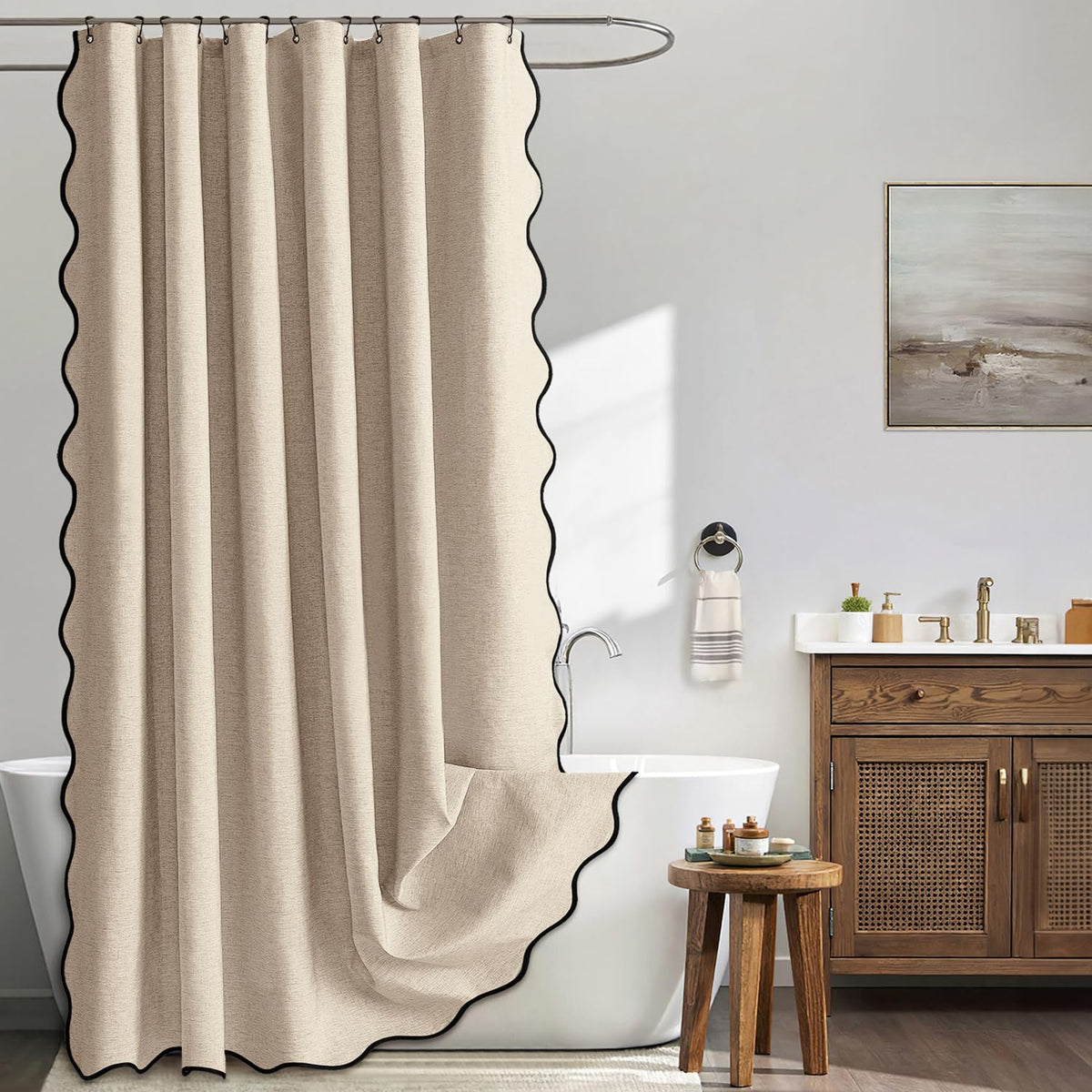 MIULEE 72"x84" Extra Long Scalloped Linen Shower Curtain Cream Beige