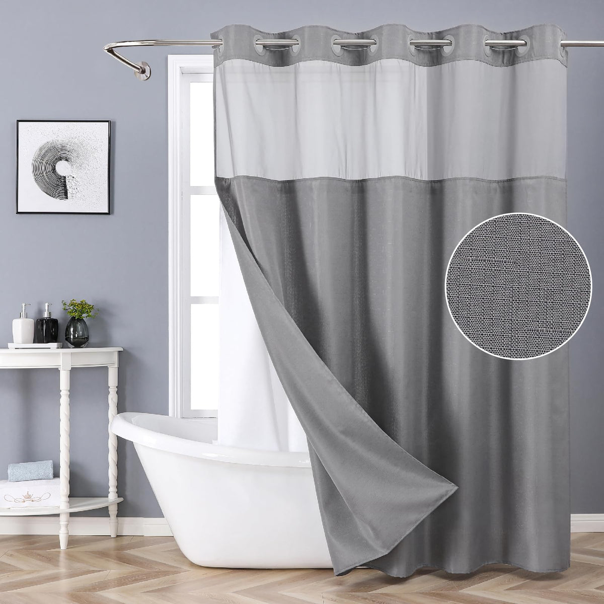 eachope White No Hook Shower Curtain with Snap-in Fabric Liner Set,Slub Textured Fabric Shower Curtains for Bathroom,Hotel Style Modern Shower Curtain,Water Repellent & Washable,71x74(72)