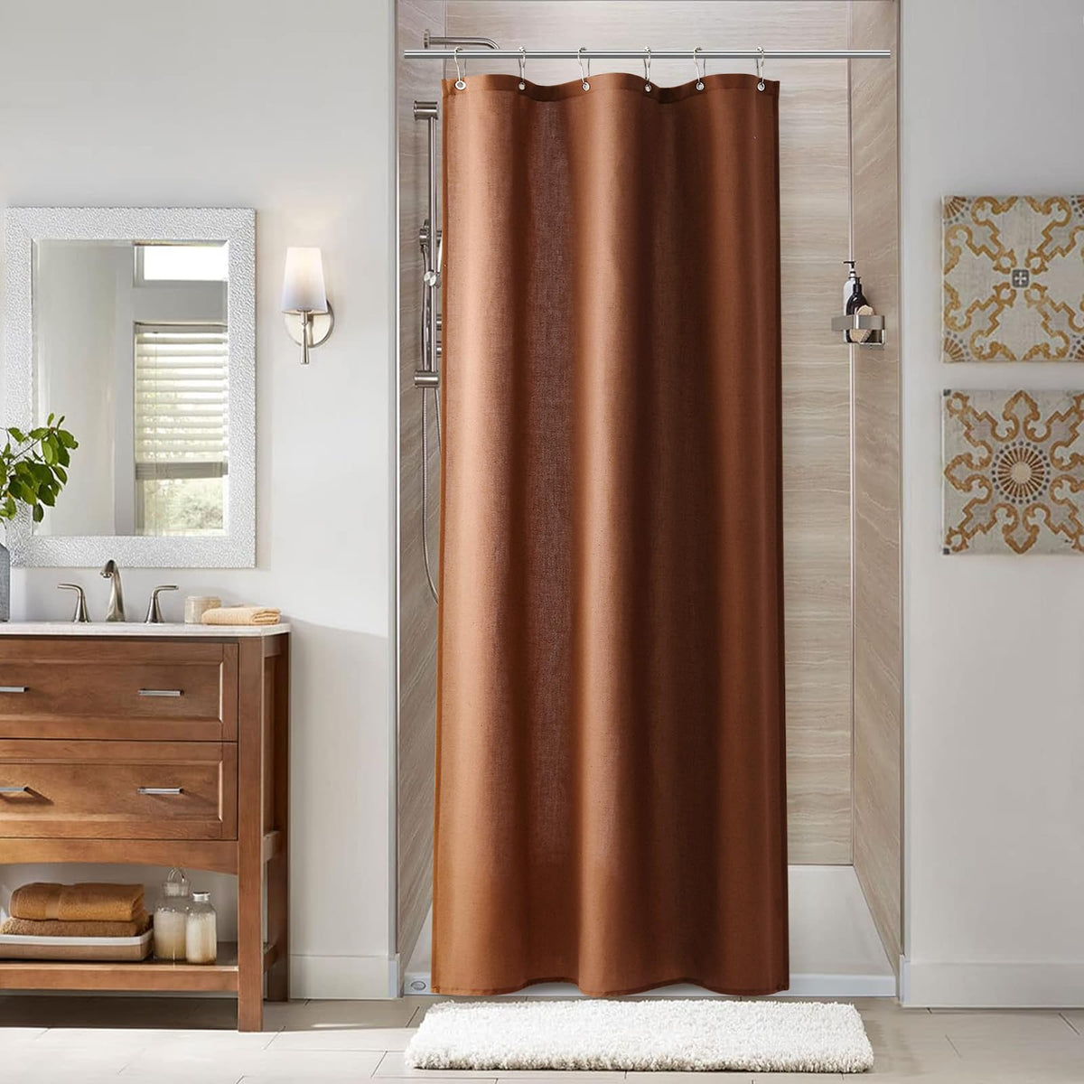 Naturoom Linen Shower Curtain 72 Inch Long for Bathroom Beige 1 Panel
