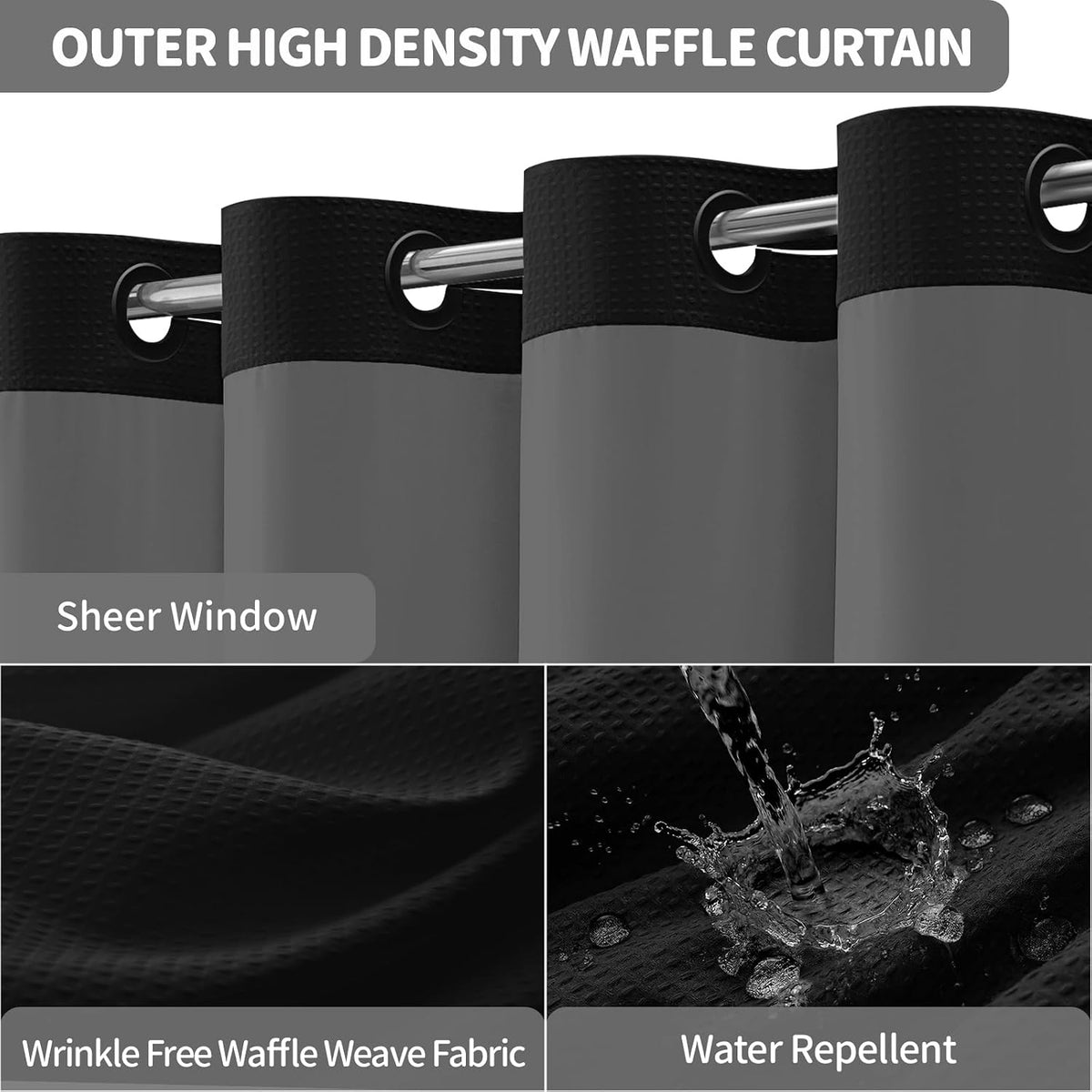 Dynamene Ringless Waffle Weave Fabric Shower Curtain Set, Black, 72"x75"
