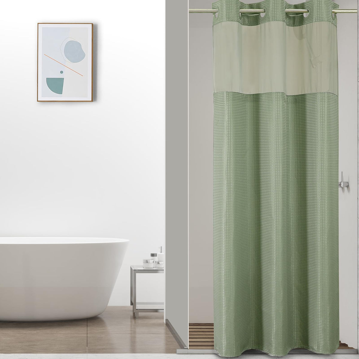 Colorful Star Sage Green No Hook Waffle Shower Curtain Set, 72 x 75 Inch