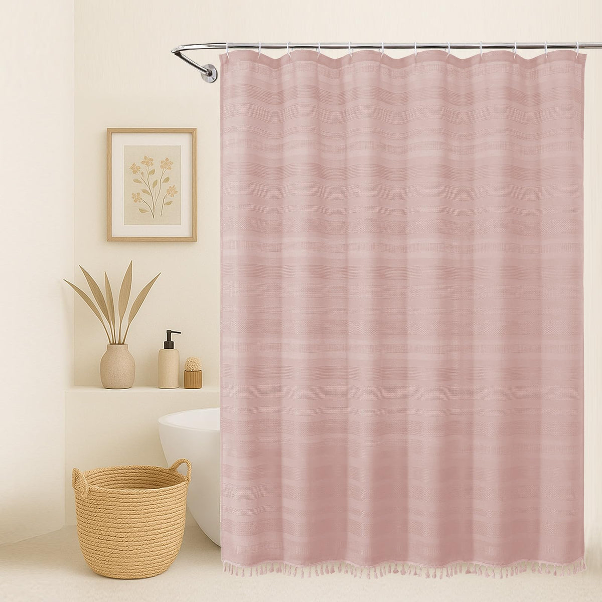 OVZME Natural Linen Shower Curtain for Bathroom, Boho Farmhouse Rustic Striped Shower Curtain with Tassel, Textured Heavy Duty Vintage Country Bathroom Curtain, 72Wx72L Inches