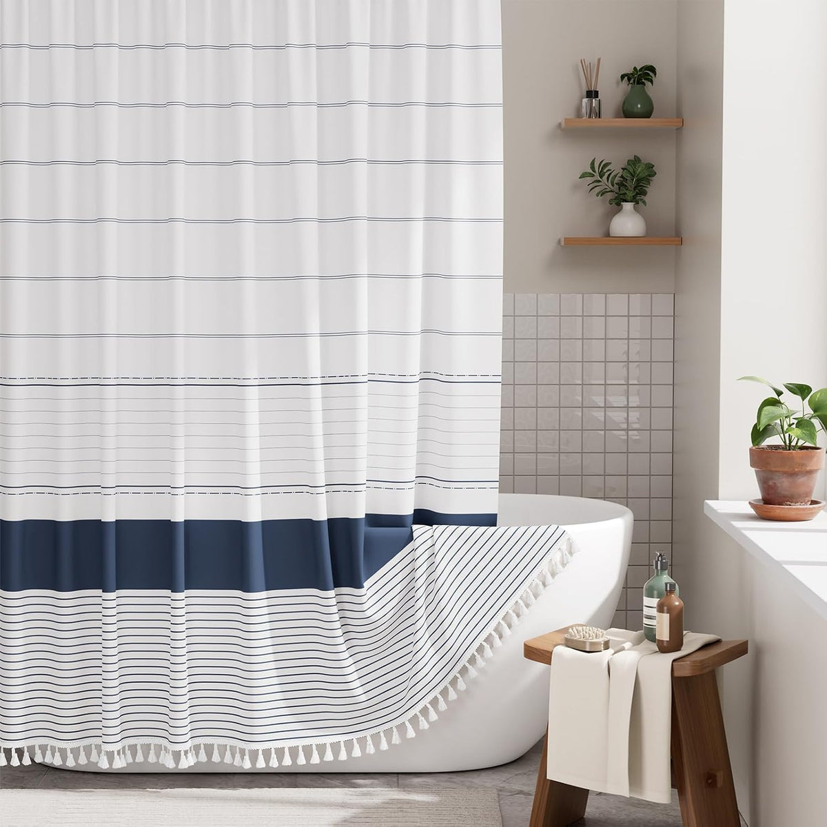 AmazerBath Boho Shower Curtain, Modern Farmhouse Shower Curtain Set with Tassels, Rustic Faux Linen Green Striped Shower Curtain with Hooks, Light Tan Toned, 72x72 Inches