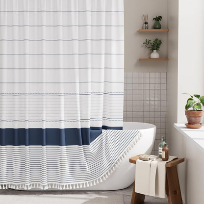 AmazerBath Boho Shower Curtain, Modern Farmhouse Shower Curtain Set with Tassels, Rustic Faux Linen Green Striped Shower Curtain with Hooks, Light Tan Toned, 72x72 Inches