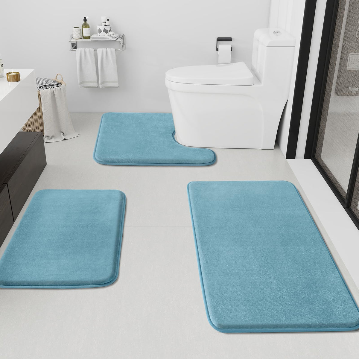 HUXMEYSON Bathroom Rugs Sets 3 Piece, Non-Slip & Quick Dry Bath Mat Set, Ultra Soft Velvet Bath Rugs for Bathroom, Toilet and Shower Floor, Grey