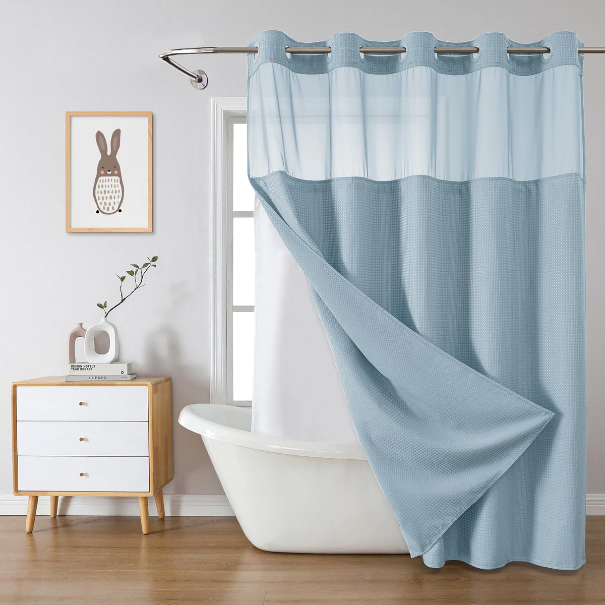 No Hook Extra Long Waffle Shower Curtain with Snap-in Liner,71x98,SageGreen