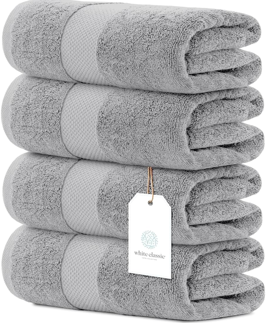White Classic Luxury Dolphin Gray Bath Towels 4 Pack, 27x54, Turkish Cotton