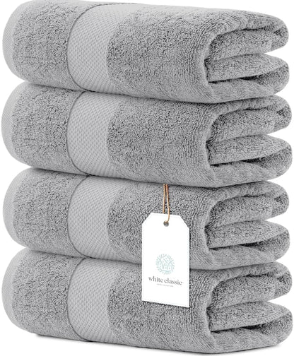 White Classic Luxury Dolphin Gray Bath Towels 4 Pack, 27x54, Turkish Cotton