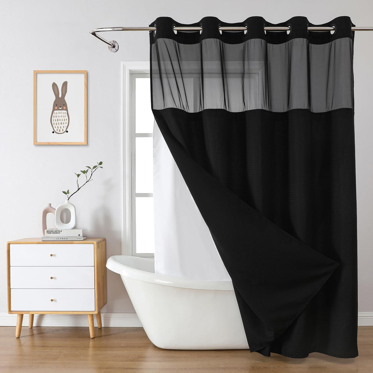 No Hook Extra Long Waffle Shower Curtain with Snap-in Liner,71x98,SageGreen