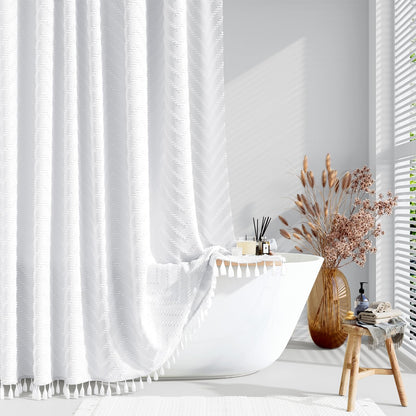 Dynamene Boho Farmhouse Fabric Shower Curtain Tufted Chevron 72"x72" Black