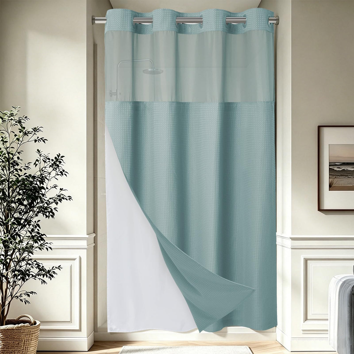 256GSM Heavyweight Ringless Waffle Shower Curtain with Liner, 71x74, Grey