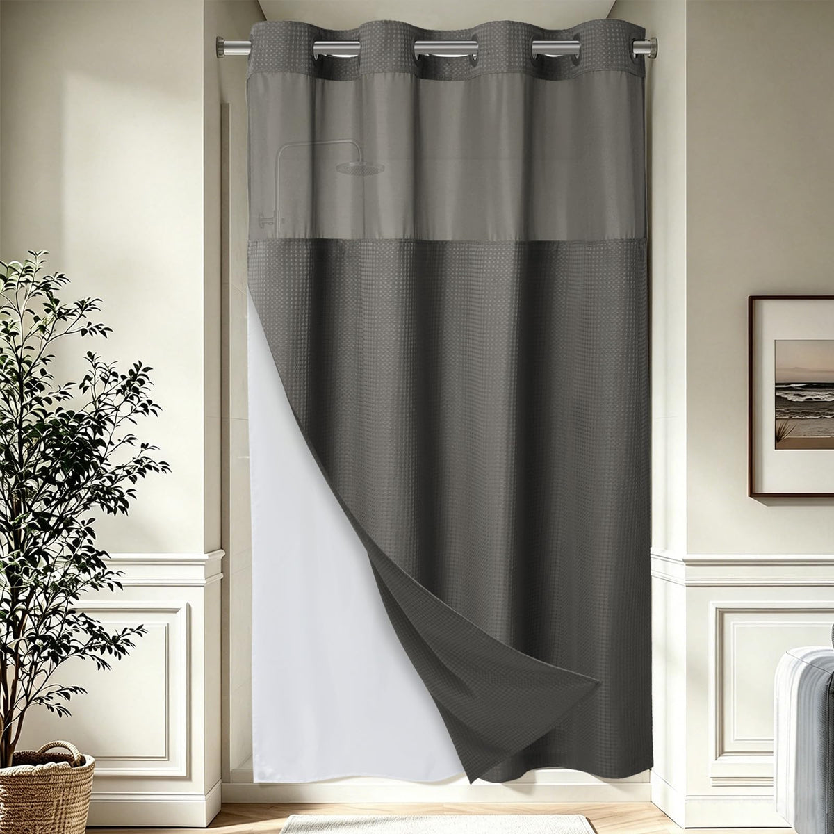 256GSM Heavyweight Ringless Waffle Shower Curtain with Liner, 71x74, Grey