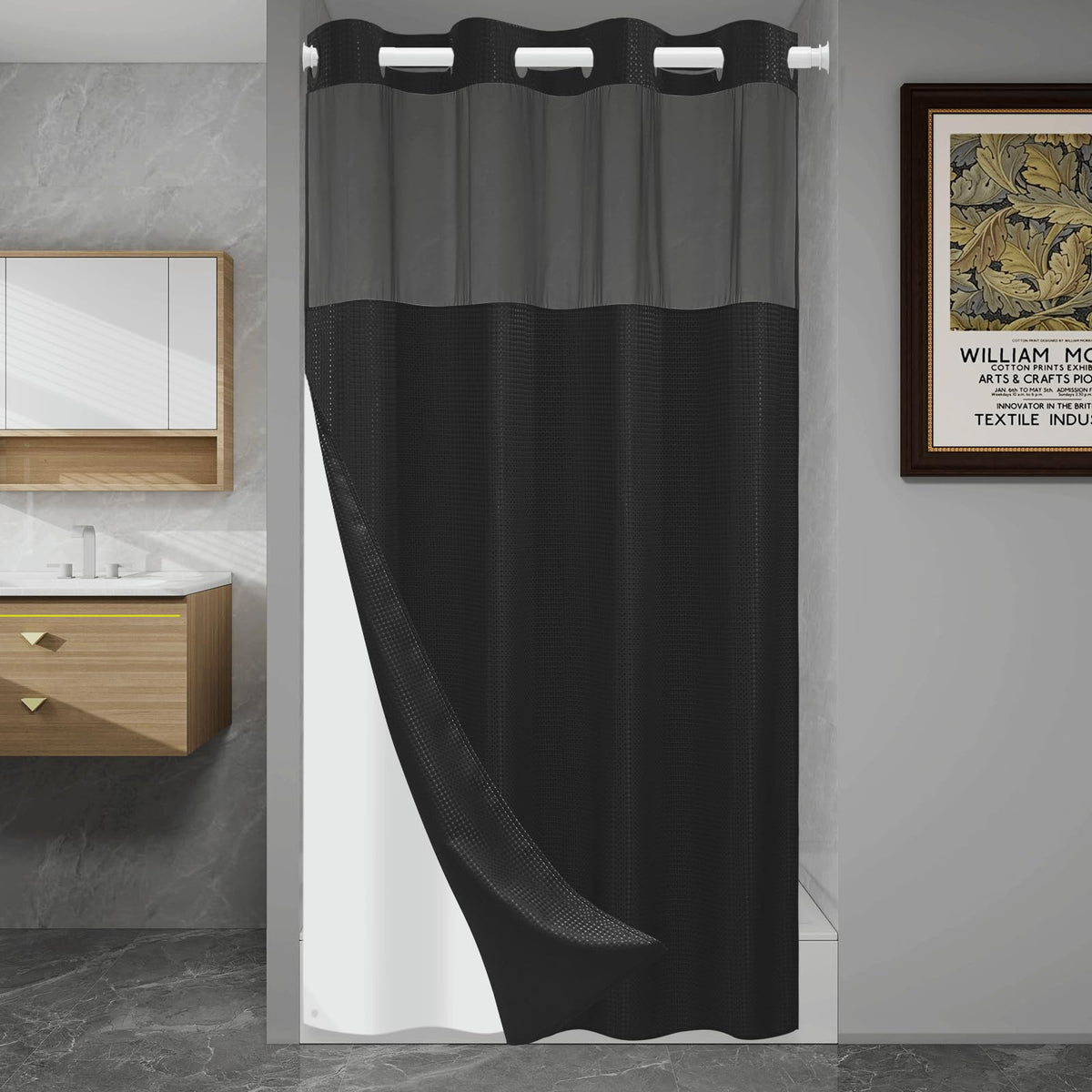 SORTTO Ringless Waffle Shower Curtain with Snap in Liner Set, 71x74, Grey