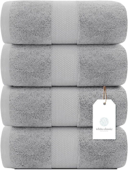 White Classic Luxury Dolphin Gray Bath Towels 4 Pack, 27x54, Turkish Cotton