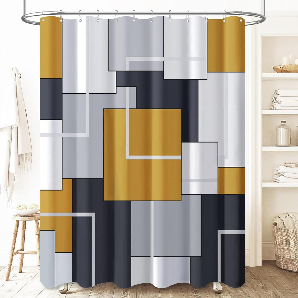 BTTN Navy Blue Modern Geometric Waterproof Fabric Shower Curtain, 72x72